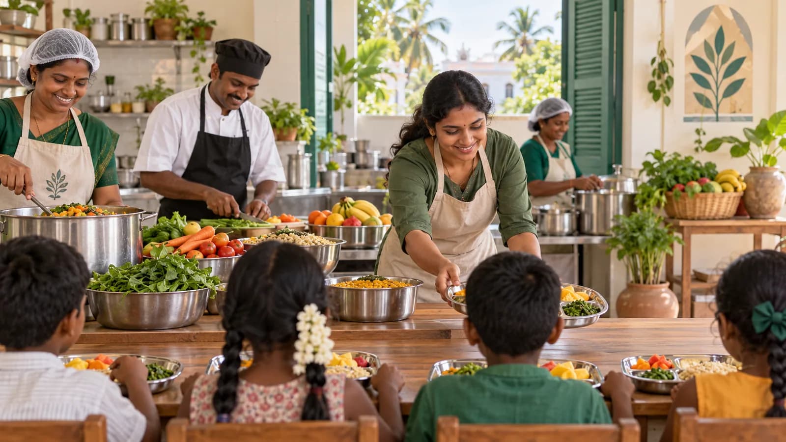 Illustrative volunteers preparing balanced meals for a children’s nutrition programme