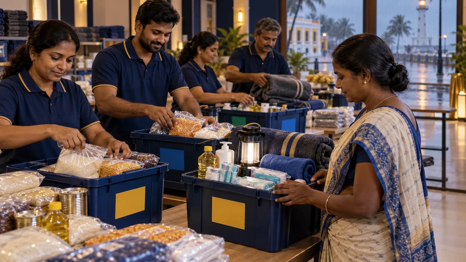 Illustrative family receiving practical emergency supplies