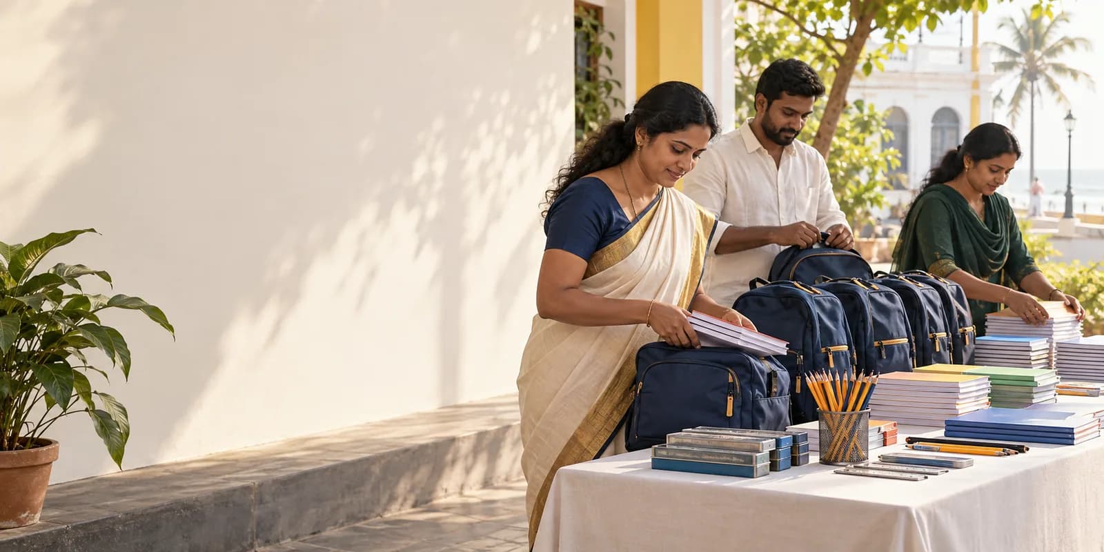 Illustrative volunteers preparing school bags and learning supplies in Puducherry