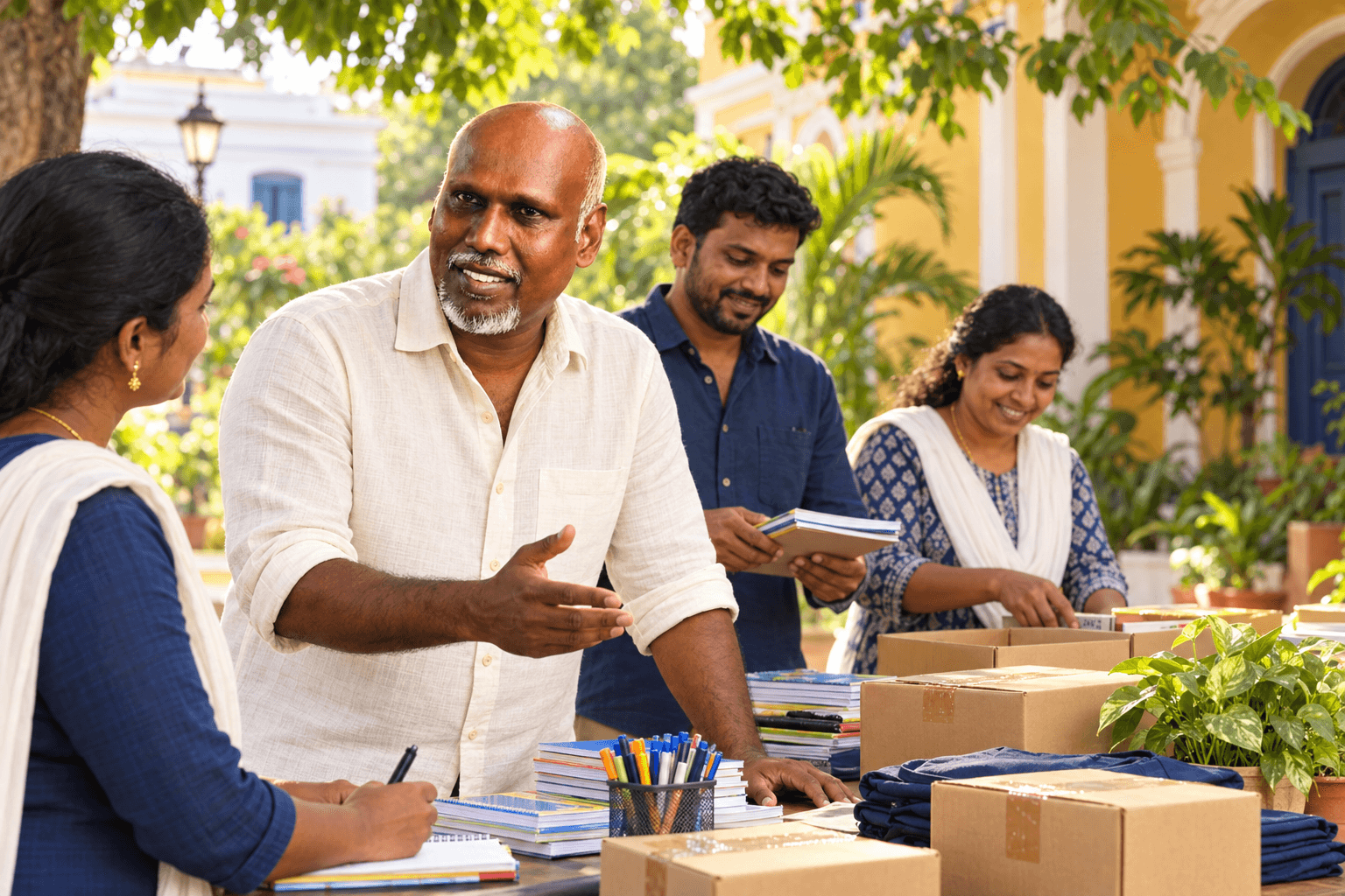 Illustrative composite of the foundation founder in a simple white shirt planning community service with volunteers