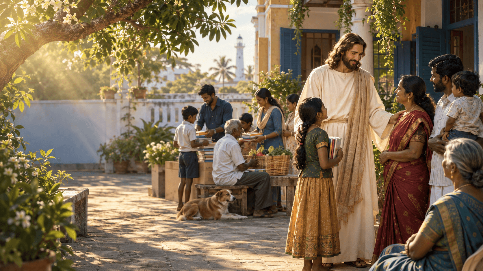 Illustrative artwork of Jesus-inspired compassion and community service in a South Indian neighborhood